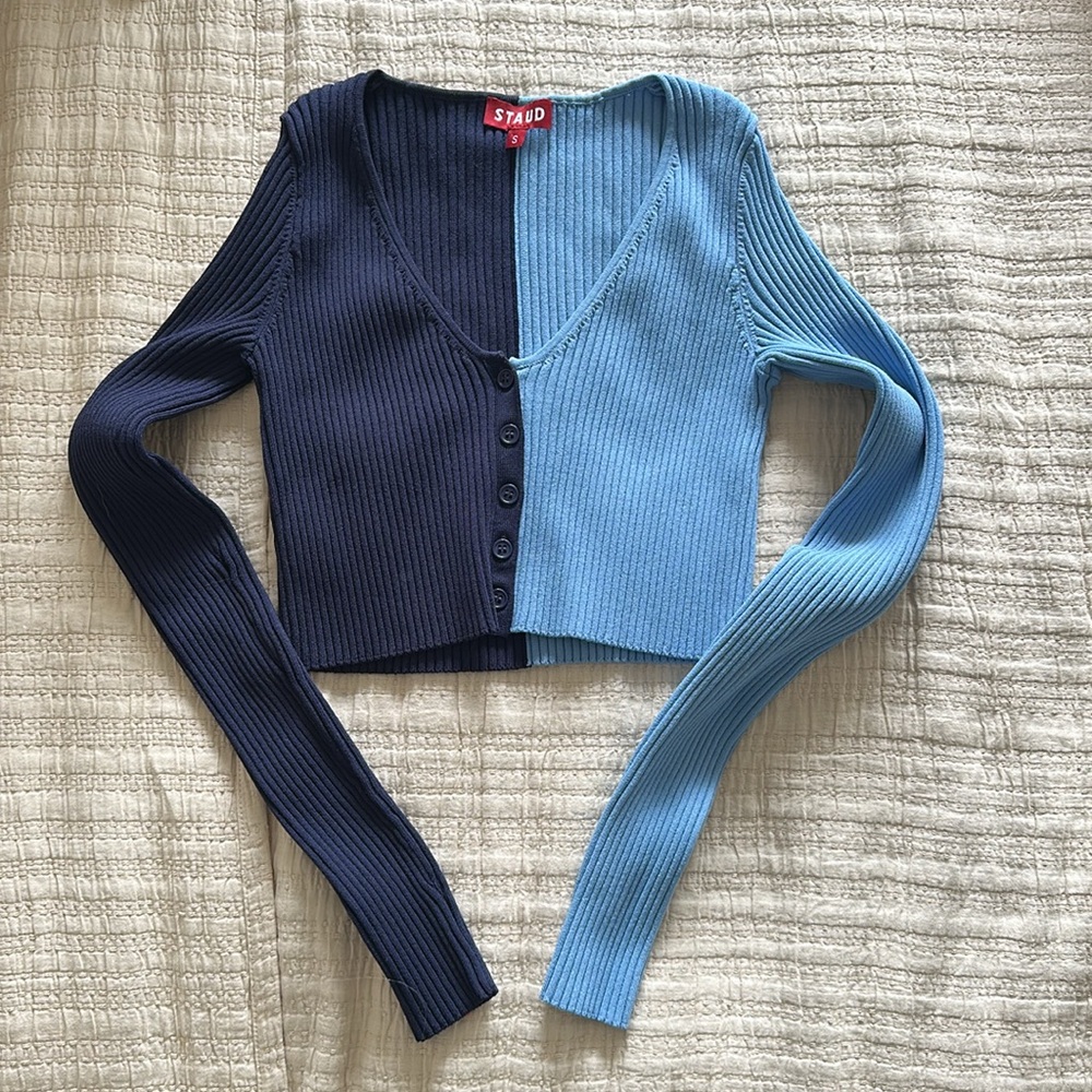 STAUD Cropped Cardigan in Blue and Navy - size Small